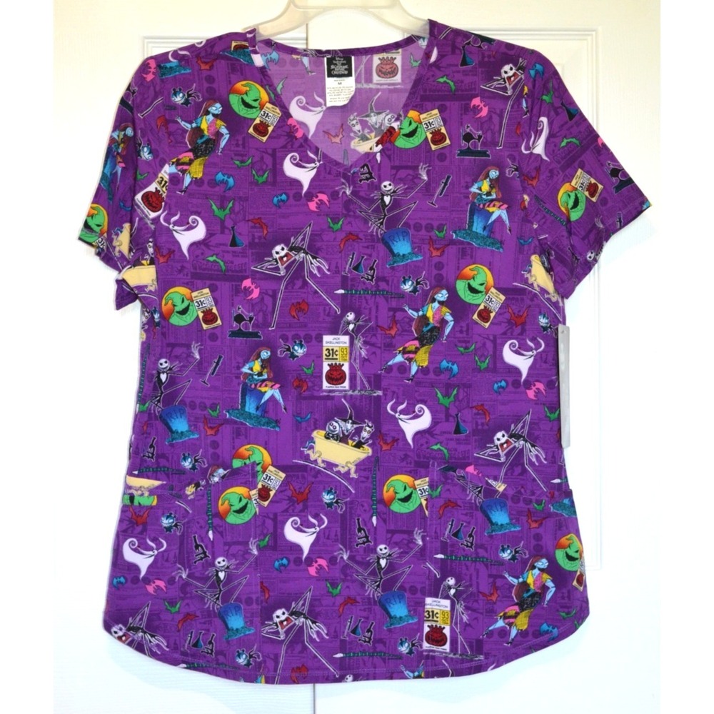Disney Tim Burton Nightmare Before Christmas Skellington V-neck Scrub Size M Pur